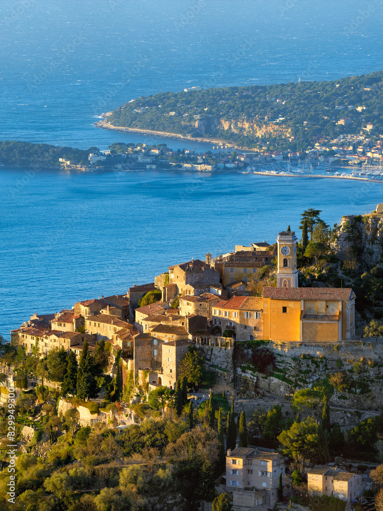 The hilltop coastal village of Eze, the Mediterranean Sea and Saint-Jean-Cap-Ferrat. Alpes-Maritimes, French Riviera of Provence-Alpes-Cote d'Azur, France