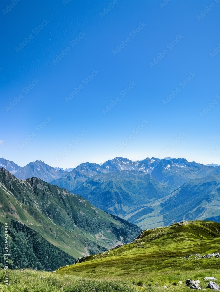 A panoramic view of a mountain range with a clear blue sky, perfect for themes of adventure and natural beauty A panoramic view of a mountain range with a clear blue sky, perfect for themes of adventure and natural beauty