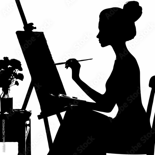 Artistic Vision: A Silhouette of a Woman Painting on an Easel, Set Against a Tree-Outlined Art Studio and Nature-Inspired Brush Strokes