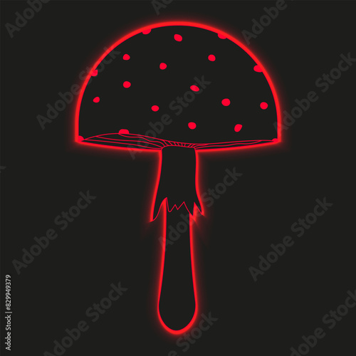 3D Neon Toadstool isolated black background. Hallucinogen Mushroom with modern Neon glowing effect. Psychedelic hippie vector for web and social media in trend 90s 80s style.