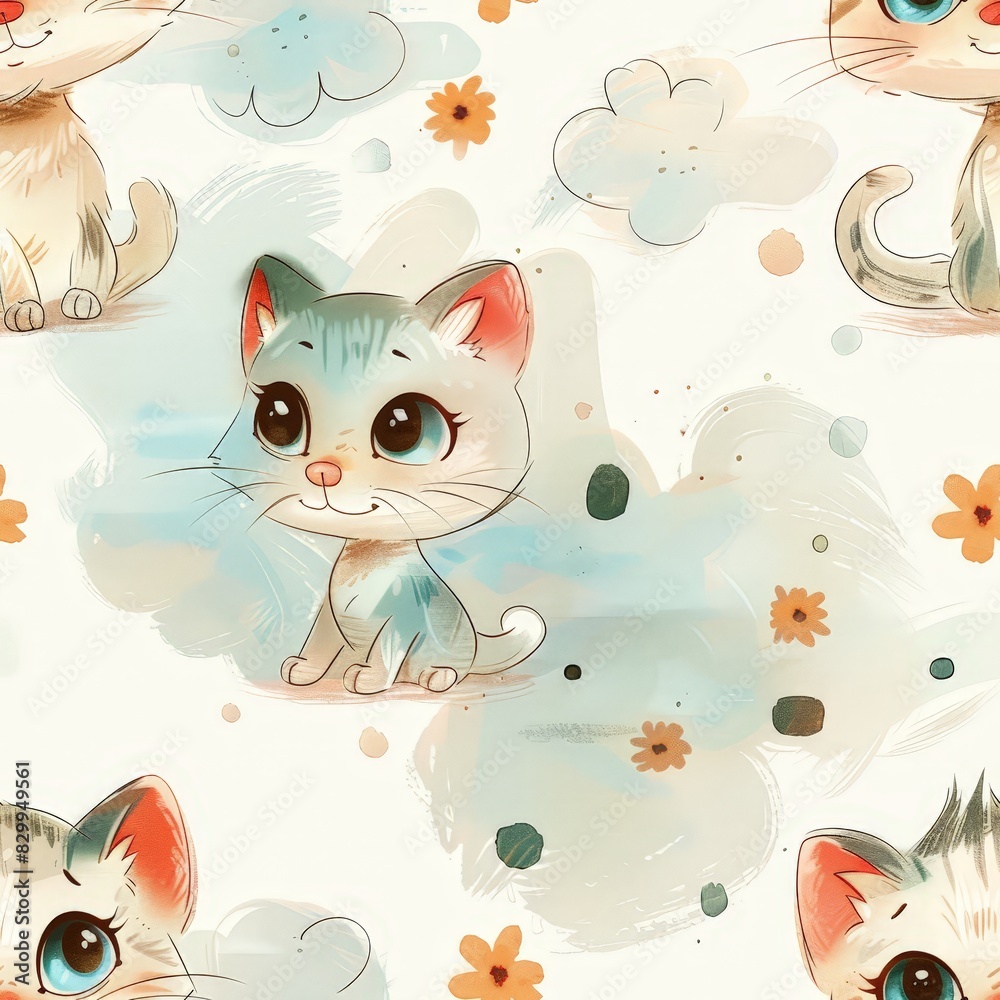 Cute cartoon cats with big eyes and watercolor clouds and flowers, seamless pattern. Cute cartoon cats with big eyes and watercolor clouds and flowers, seamless pattern.