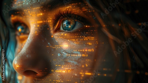 A woman's face is covered in a glowing orange code. Her eye is blue and her skin is pale. She is looking at the viewer with a serious expression. The image is set in a dark background. photo