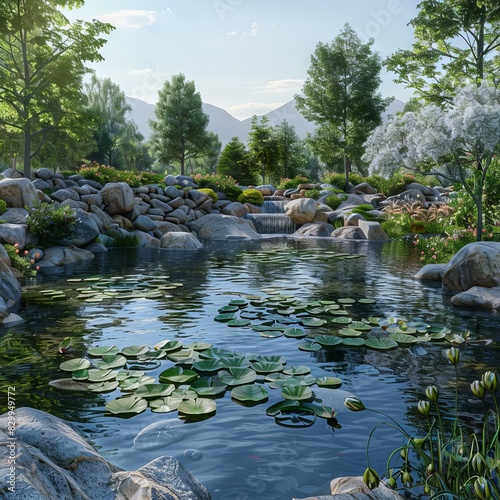 Stunning Nature Garden Landscape with Waterfall and Mountain Peak