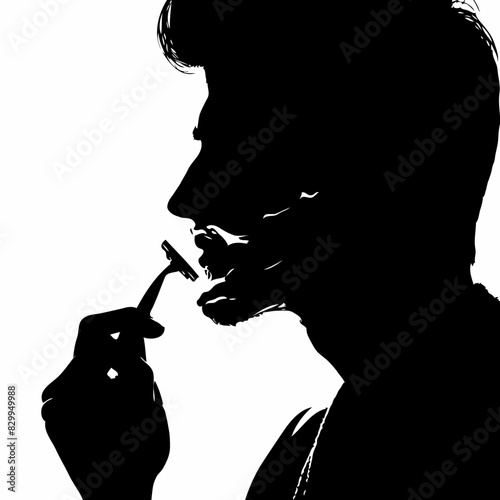 Sharp Reflections: A High Contrast Monochrome Silhouette of a Man Shaving in Minimalist Side Profile