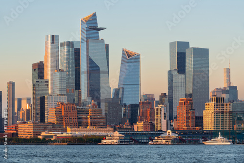 New York City skyline with Hudson Yards skyscrapers. Manhattan Midtown West cityscape with Hudson River Park piers