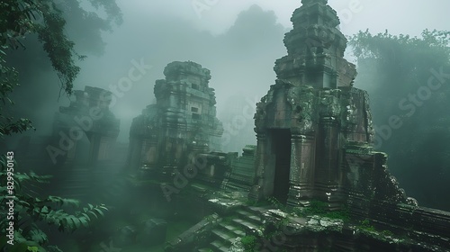 Ancient temple ruins shrouded in a thick fog, creating an atmosphere of mystery and intrigue photo