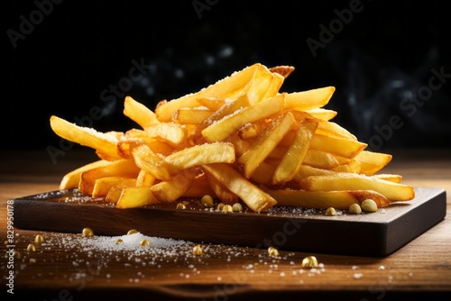 Juicy french fries on a wooden board against a galvanized steel background