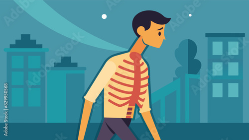 Sunken and a protruding ribcage are visible on a man walking down the street a clear sign of malnourishment caused by an eating disorder.. Vector illustration