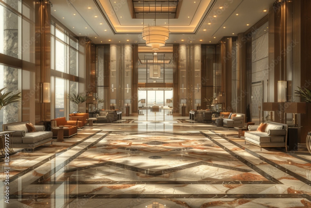 Grand Luxury Hotel Lobby with Marble Floor and Crystal Chandelier