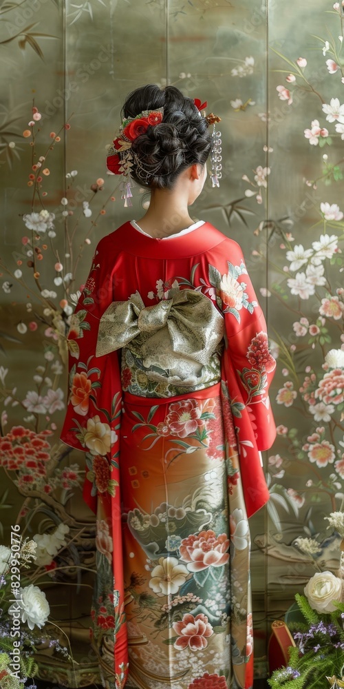Naklejka premium A woman wearing a red kimono with floral patterns