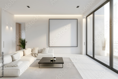 Large white canvas in a minimalist interior. Frame mockup in a room. Interior design visualization