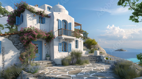 European Santorini American Chicago style characteristic building house exterior architectural design white building exterior illustration photo