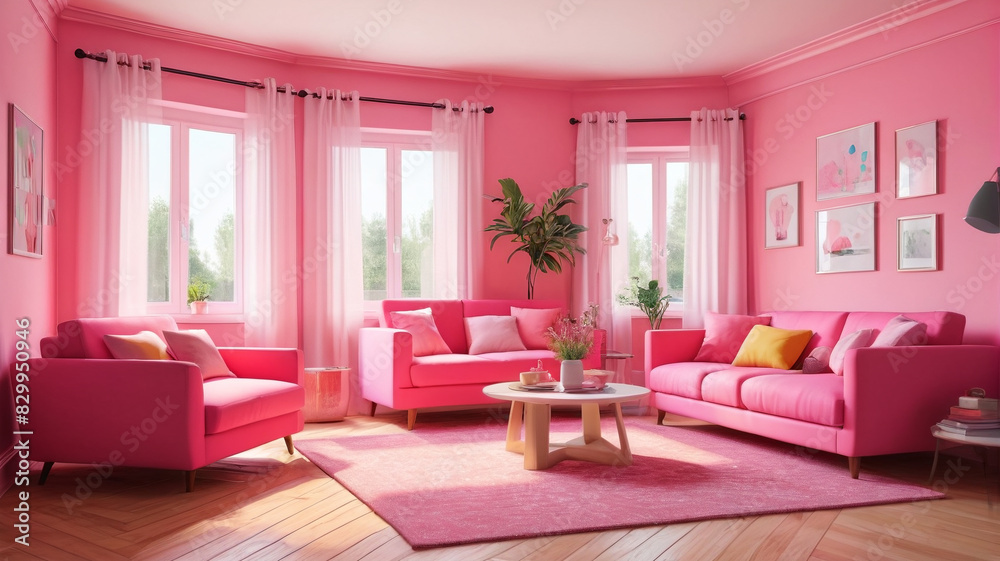 Living room interior furniture and decorative elements portrayed in bright pink colors, depicted in a cartoon vector illustration set of a cute girly house and apartment indoor. Generative AI. Living room interior furniture and decorative elements portrayed in bright pink colors, depicted in a cartoon vector illustration set of a cute girly house and apartment indoor. Generative AI.