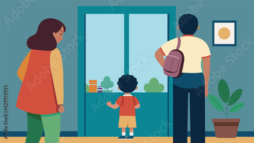 A parent peeking through the window watching their child take their first steps towards independence as they enter the classroom on their own.. Vector illustration