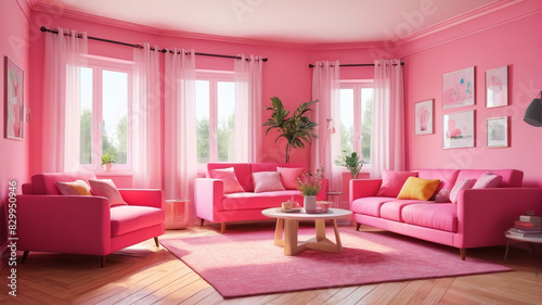 Living room interior furniture and decorative elements portrayed in bright pink colors, depicted in a cartoon vector illustration set of a cute girly house and apartment indoor. Generative AI. © 4K_Heaven