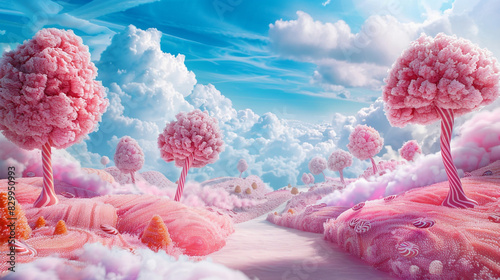 Candy land, pink lollipop trees, fluffy candy clouds, surreal fantasy landscape