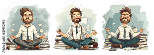Meditating businessman cartoon vector illustration. Man office wear shirt tie glasses bearded lotus pose sitting character calm balance tranquility, concepts isolated on white background