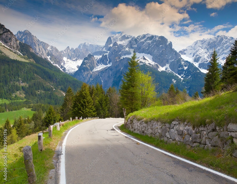 transport road in the Alps against the backdrop of snow-capped mountains and forest transport road in the Alps against the backdrop of snow-capped mountains and forest