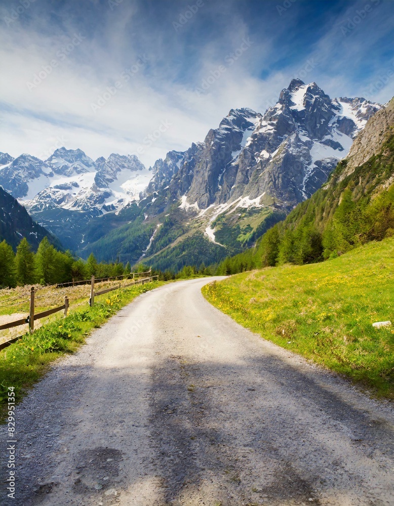 transport road in the Alps against the backdrop of snow-capped mountains and forest transport road in the Alps against the backdrop of snow-capped mountains and forest