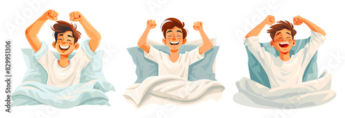 Morning waking up cartoon vector scenes. Young guy pillow blanket bed pajama hands rising smiling positive woken character, illustrations isolated on white background