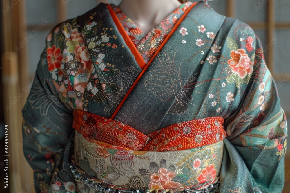 A woman wearing a kimono with a floral pattern and an obi with a phoenix pattern.