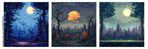 Night forest pixel art vector concepts. Trees thicket moon dark sky clouds bushes old fortress castle scary mysterious landscape, 8 bit game assets color illustrations