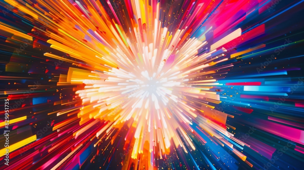 A vibrant explosion of colorful light beams radiating outward, creating a dynamic and energetic visual effect. A vibrant explosion of colorful light beams radiating outward, creating a dynamic and energetic visual effect.