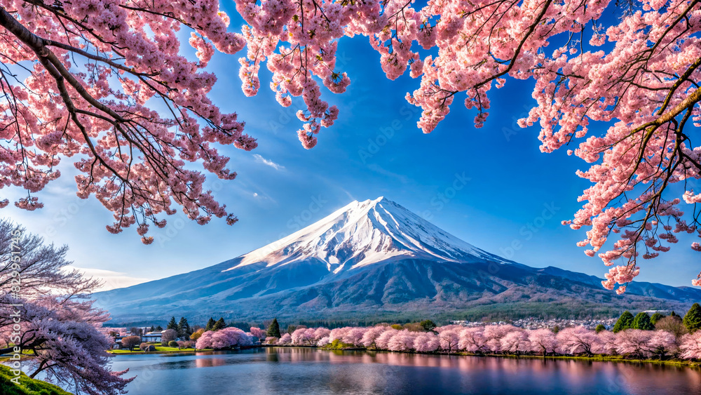 Mount Fuji. Sakura bloom. Perfect for projects on Japanese heritage, seasonal promotions, and cultural presentations.