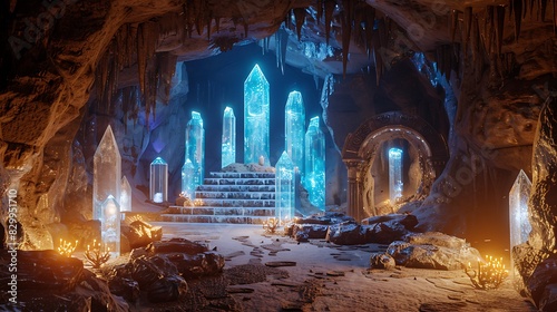 A hidden chamber within an ancient temple, illuminated by glowing crystals and filled with ancient artifacts