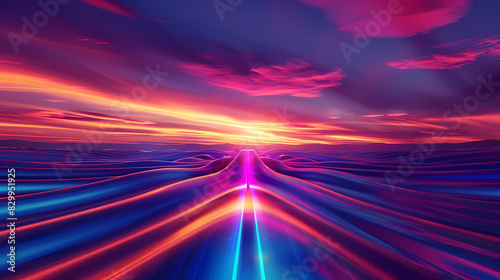 Abstract background with neon blue and purple gradient lines in the shape of waves  futuristic design with 3D effect  glowing light on dark orange sky background  landscape with curved hills  gradient
