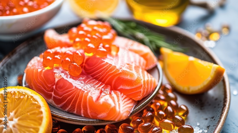 A plate of delicious and nutritious salmon dish with orange slices and caviar. A plate of delicious and nutritious salmon dish with orange slices and caviar.