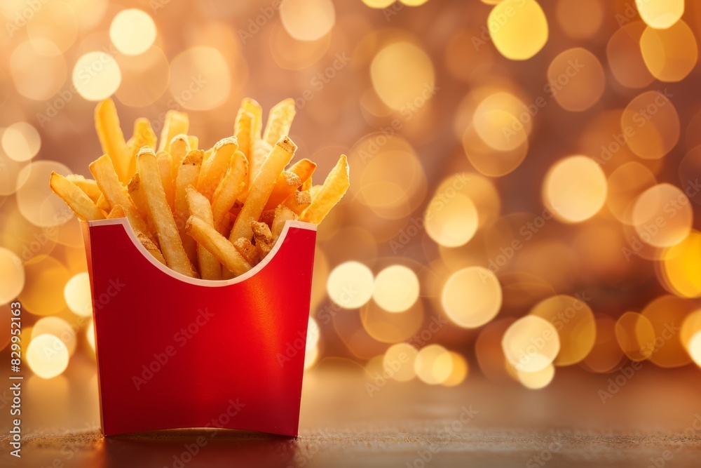Close-up of delicious French fries in a red container with a golden bokeh background, perfect for fast food or snack themed designs. Close-up of delicious French fries in a red container with a golden bokeh background, perfect for fast food or snack themed designs.
