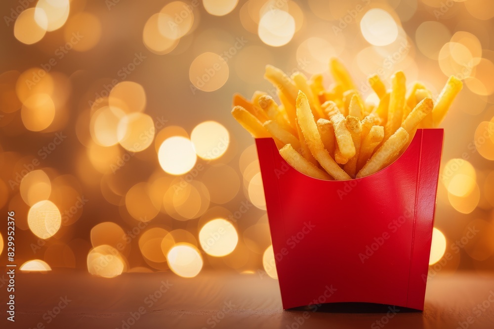 Golden French fries in a red container with a festive bokeh background, perfect for fast food and holiday themes. Golden French fries in a red container with a festive bokeh background, perfect for fast food and holiday themes.