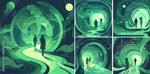 People passing portals cartoon vector scenes. Man woman together other worlds quantum sci fi teleportation characters, parallel universe warp jump futuristic travel concepts