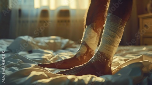 Close-up legs of a person wrapped in plastic and bandages, standing on a bed. The scene is softly lit, indicating an intimate or personal setting, possibly related to medical care or recovery. photo