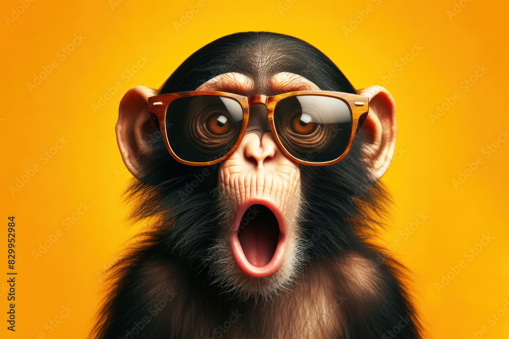 Surprised chimpanzee wear sunglasses Isolated on yellow background