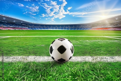 Soccer ball on the grass field of a large stadium with a blue sky and clouds in the background. Perfect for sports, games, and competitions.