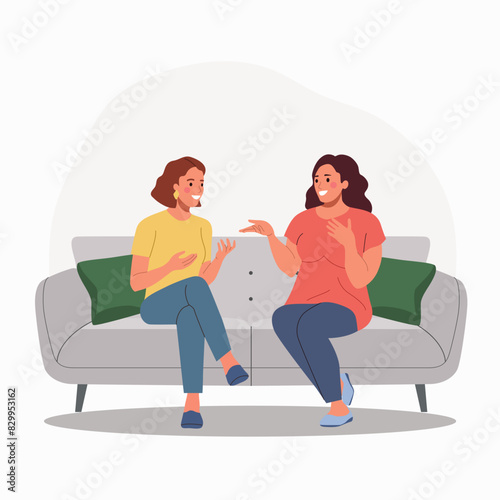 Young women talking, gossiping, whispering secrets, telling news on the sofa. Flat style cartoon vector illustration.