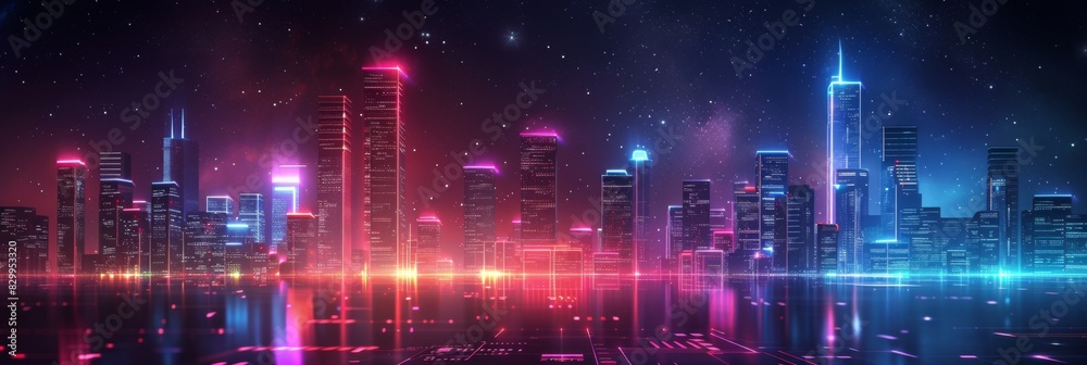 Futuristic Cityscape Illuminated with Neon Lights, Hi-Tech Urban Landscape, futuristic technology concept, graphic banner design Futuristic Cityscape Illuminated with Neon Lights, Hi-Tech Urban Landscape, futuristic technology concept, graphic banner design