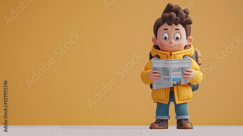 3D cute cartoon character with curly hair, wearing a yellow jacket and backpack, reading a newspaper with a happy expression and copy space.