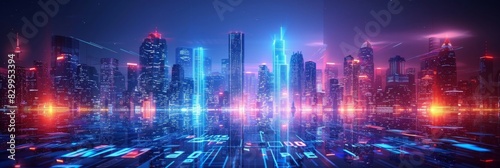 Wallpaper Mural Futuristic Cityscape Illuminated with Neon Lights, Hi-Tech Urban Landscape, futuristic technology concept, graphic banner design Torontodigital.ca
