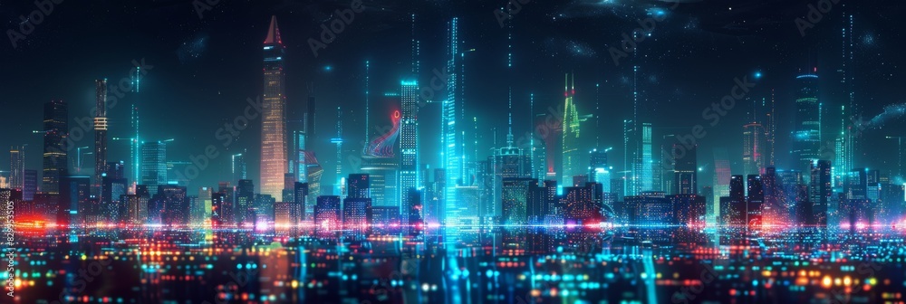 Futuristic Cityscape Illuminated with Neon Lights, Hi-Tech Urban Landscape, futuristic technology concept, graphic banner design Futuristic Cityscape Illuminated with Neon Lights, Hi-Tech Urban Landscape, futuristic technology concept, graphic banner design