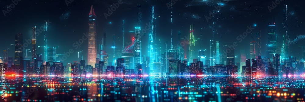 Futuristic Cityscape Illuminated with Neon Lights, Hi-Tech Urban Landscape, futuristic technology concept, graphic banner design