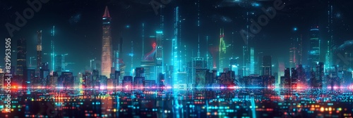 Futuristic Cityscape Illuminated with Neon Lights  Hi-Tech Urban Landscape  futuristic technology concept  graphic banner design