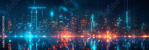 Futuristic Cityscape Illuminated with Neon Lights, Hi-Tech Urban Landscape, futuristic technology concept, graphic banner design © Di