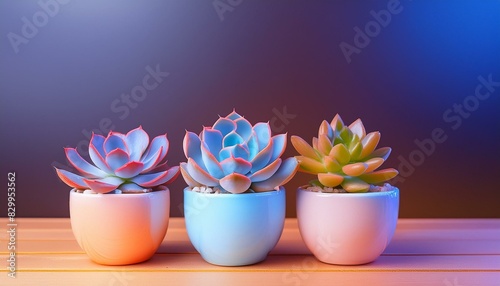 Three vibrant succulents in pastel colored ceramic pots positioned