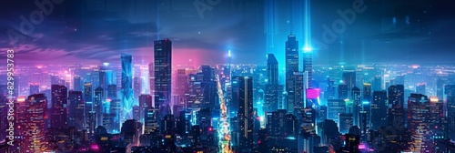 Wallpaper Mural Futuristic Cityscape Illuminated with Neon Lights, Hi-Tech Urban Landscape, futuristic technology concept, graphic banner design Torontodigital.ca