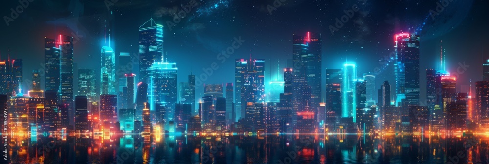 Futuristic Cityscape Illuminated with Neon Lights, Hi-Tech Urban Landscape, futuristic technology concept, graphic banner design Futuristic Cityscape Illuminated with Neon Lights, Hi-Tech Urban Landscape, futuristic technology concept, graphic banner design