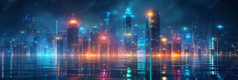 Futuristic Cityscape Illuminated with Neon Lights, Hi-Tech Urban Landscape, futuristic technology concept, graphic banner design
