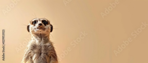 Playful meerkat with clear copyspace on a desert sand background photo